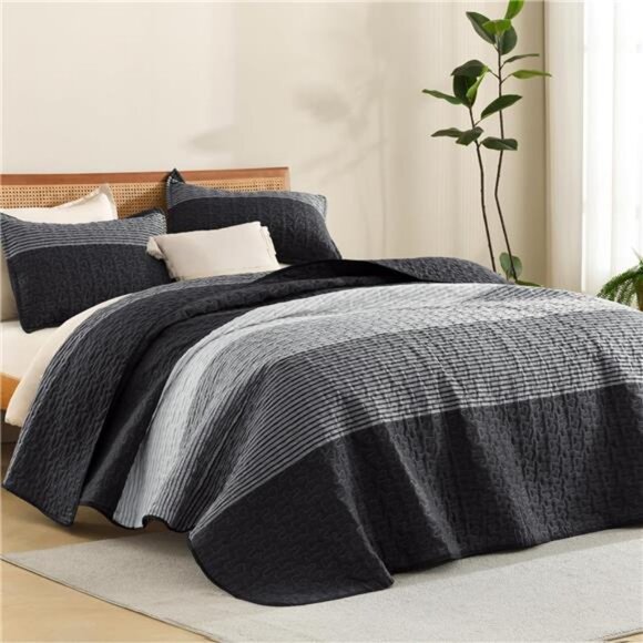 Quilt Queen Size Black Grey and White Gray Stripe Patchwork Summer